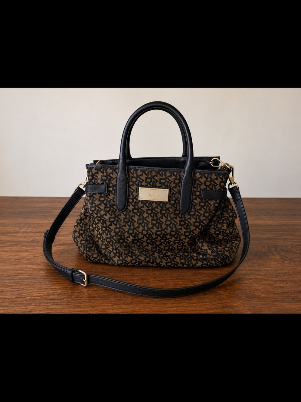 DKNY Brown Monogram Satchel with Black Trim and Gold Plate